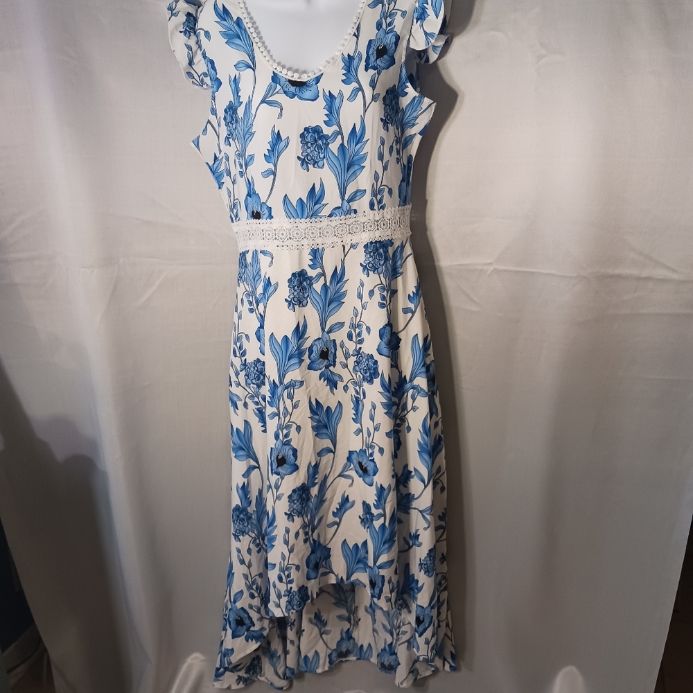 Floral Blue and White High Low Dress